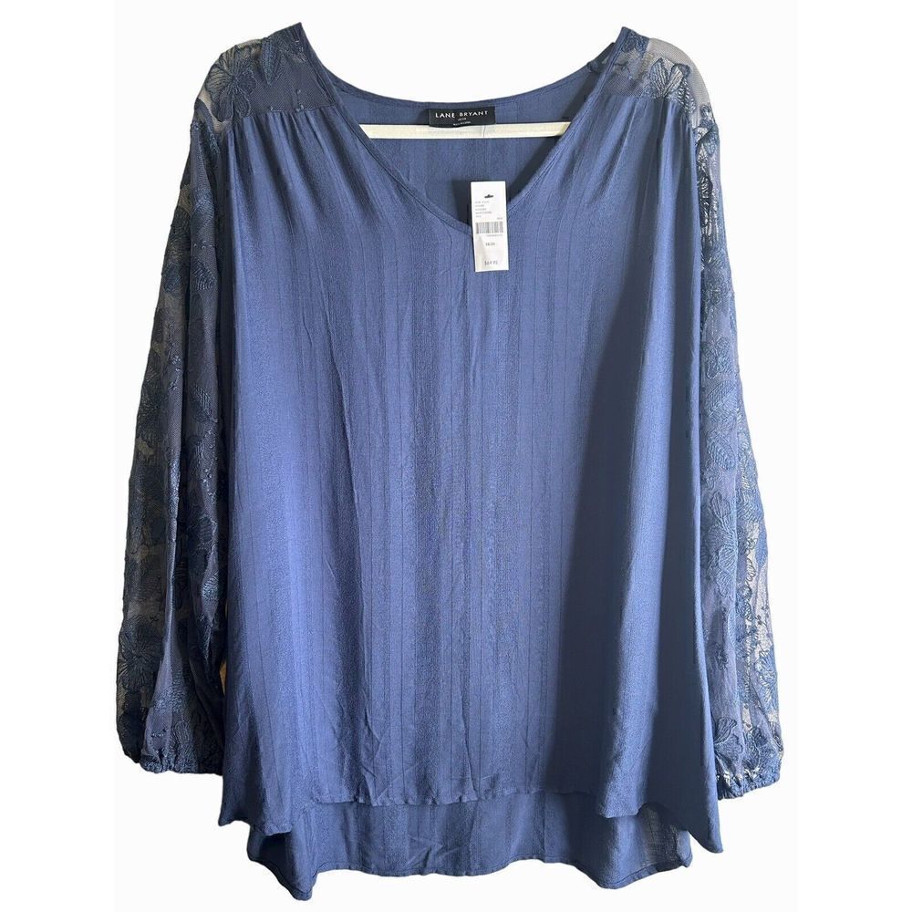 Lane Bryant Classic V-Neck Embroidered Lace Long Slv Shirt Navy Size 18/20 NWT!